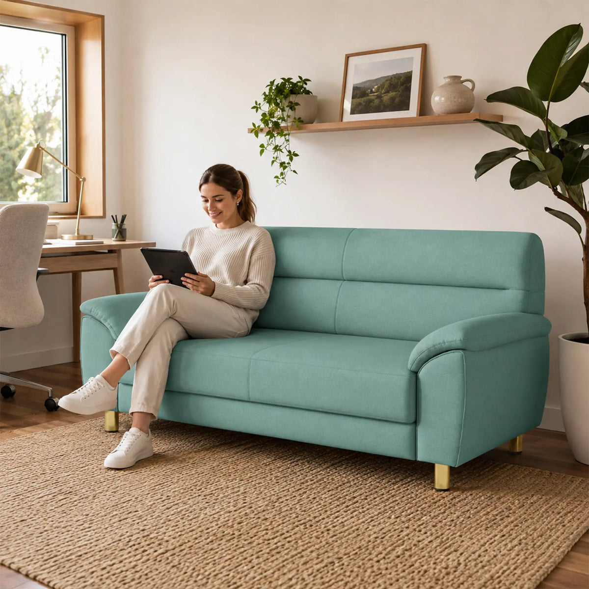 LIVARA Modern 3 Seater Sofa with Nano Technology Fabric, High Resilience Foam Cushions & Solid Wood Frame, 180cm Lounge Couch for Living Room - Sky Blue