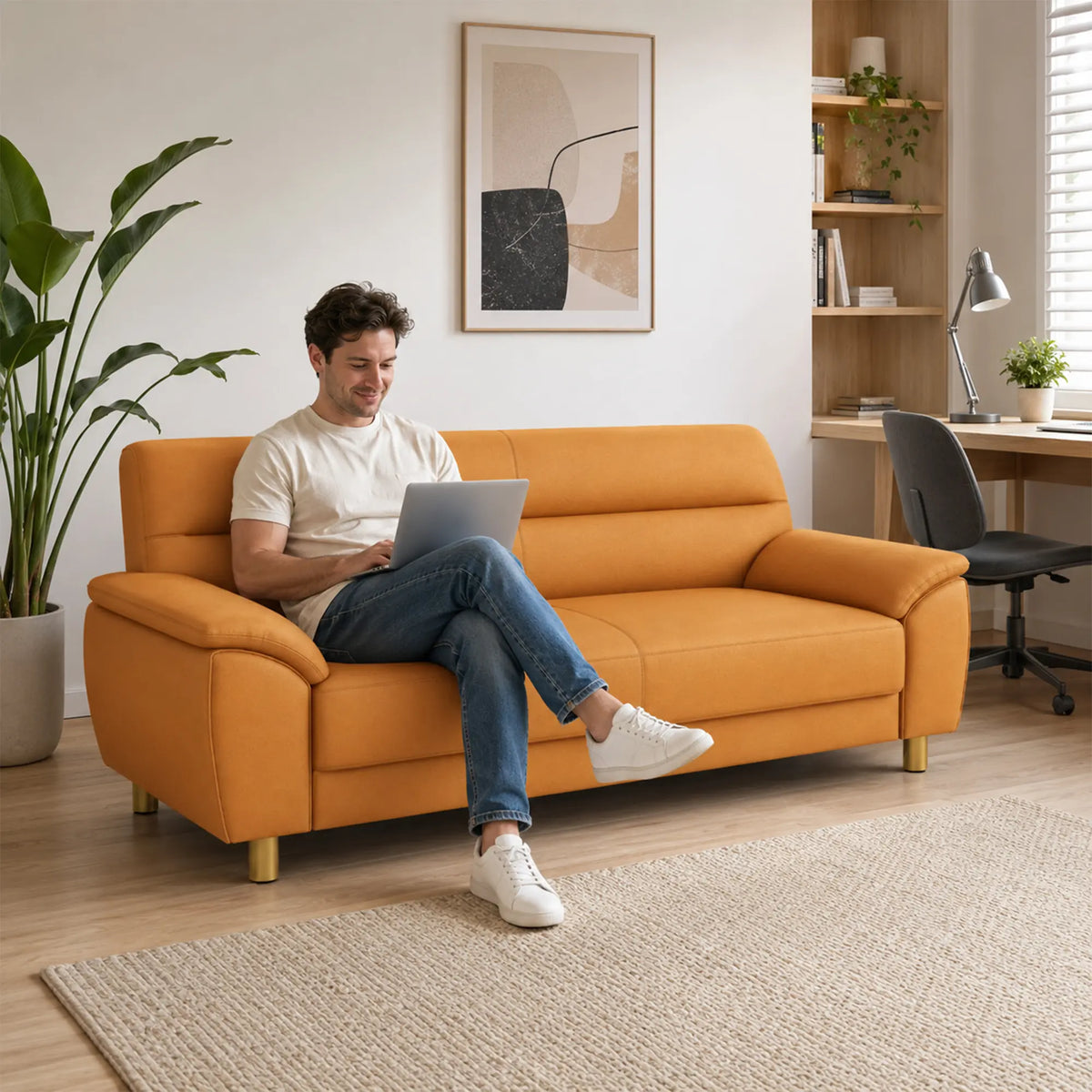 LIVARA Modern 3 Seater Sofa with Nano Technology Fabric, High Resilience Foam Cushions & Solid Wood Frame, 180cm Lounge Couch for Living Room - Orange