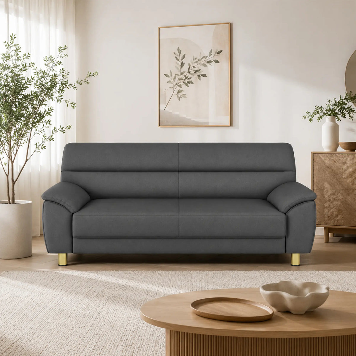 LIVARA Modern 3 Seater Sofa with Nano Technology Fabric, High Resilience Foam Cushions & Solid Wood Frame, 180cm Lounge Couch for Living Room - Grey