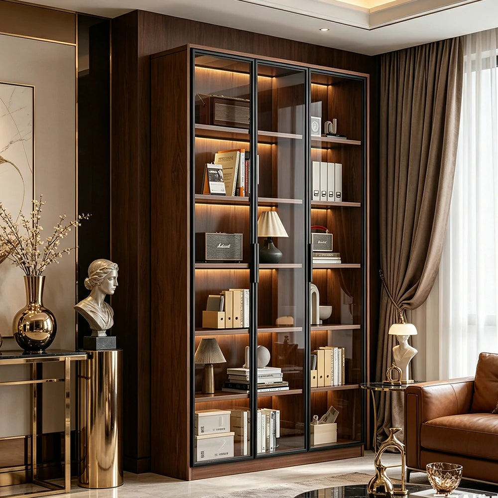 LIVARA 90cm Triple Door Display Cabinet - Tempered Glass Storage with LED Lighting for Living Room - Walnut