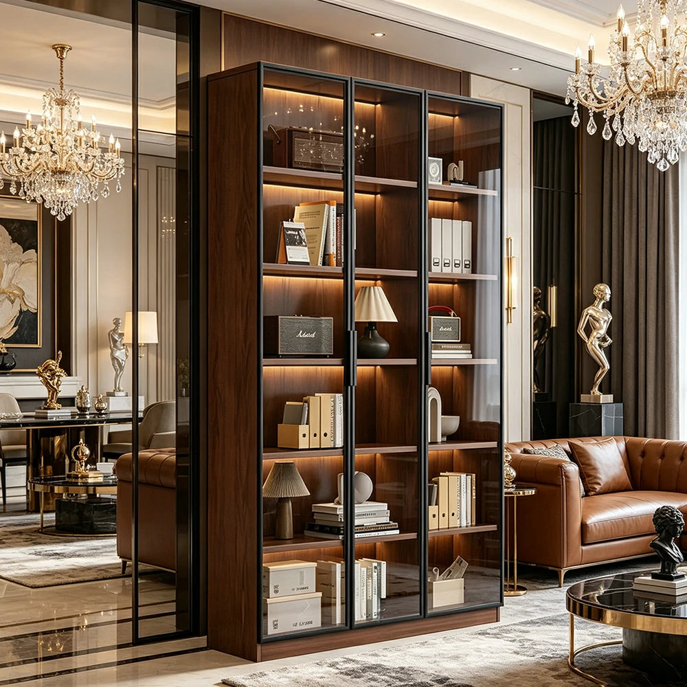 LIVARA 90cm Triple Door Display Cabinet - Tempered Glass Storage with LED Lighting for Living Room - Walnut