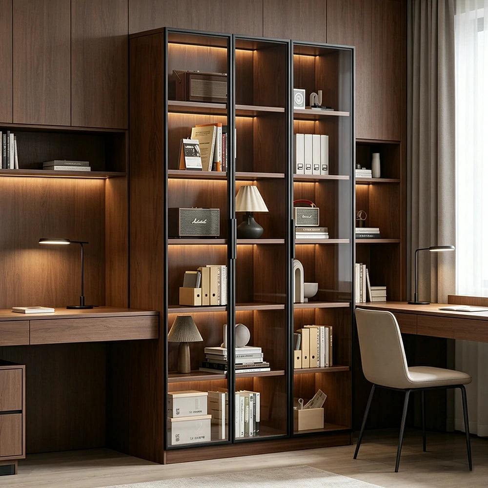 LIVARA 90cm Triple Door Display Cabinet - Tempered Glass Storage with LED Lighting for Living Room - Walnut