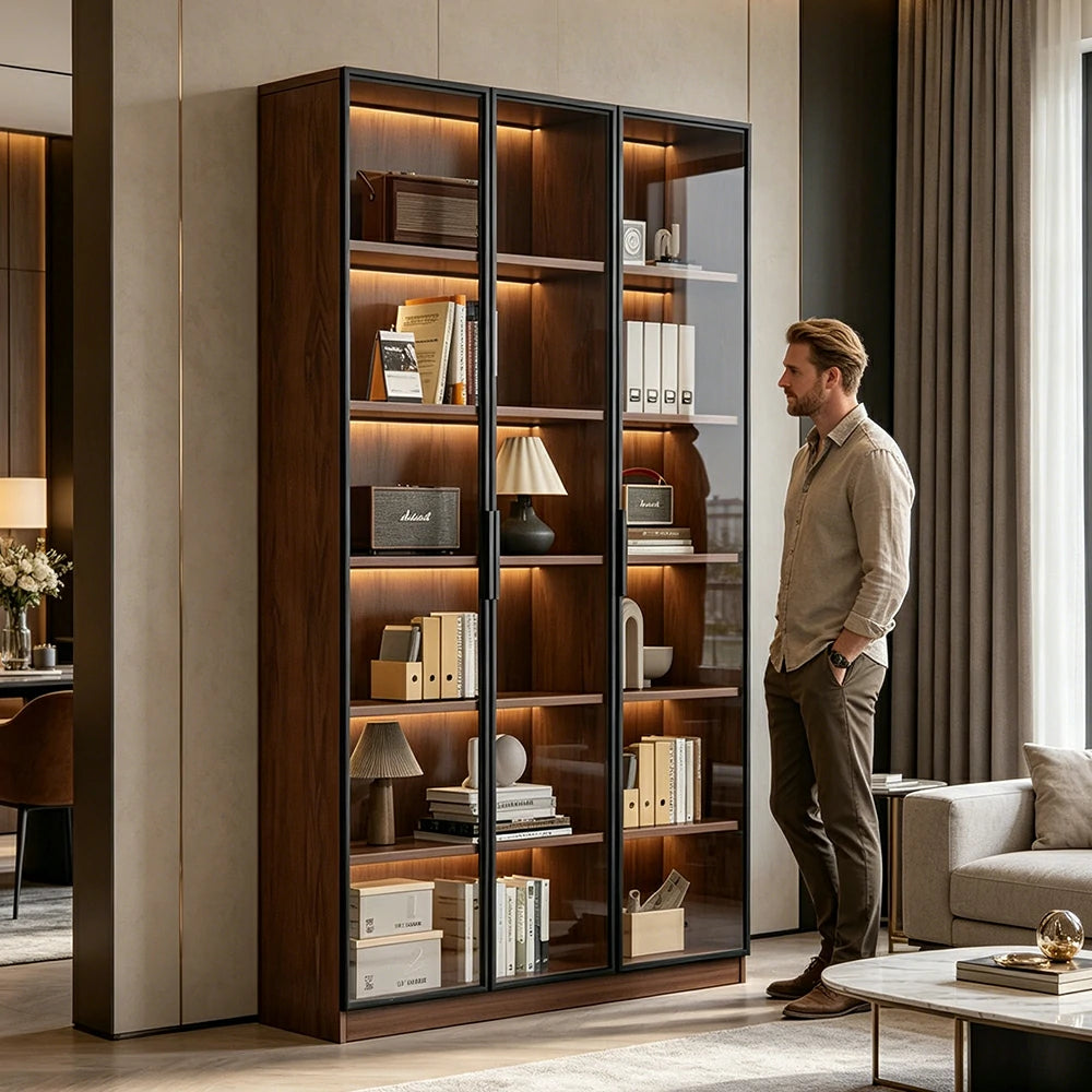 LIVARA 90cm Triple Door Display Cabinet - Tempered Glass Storage with LED Lighting for Living Room - Walnut