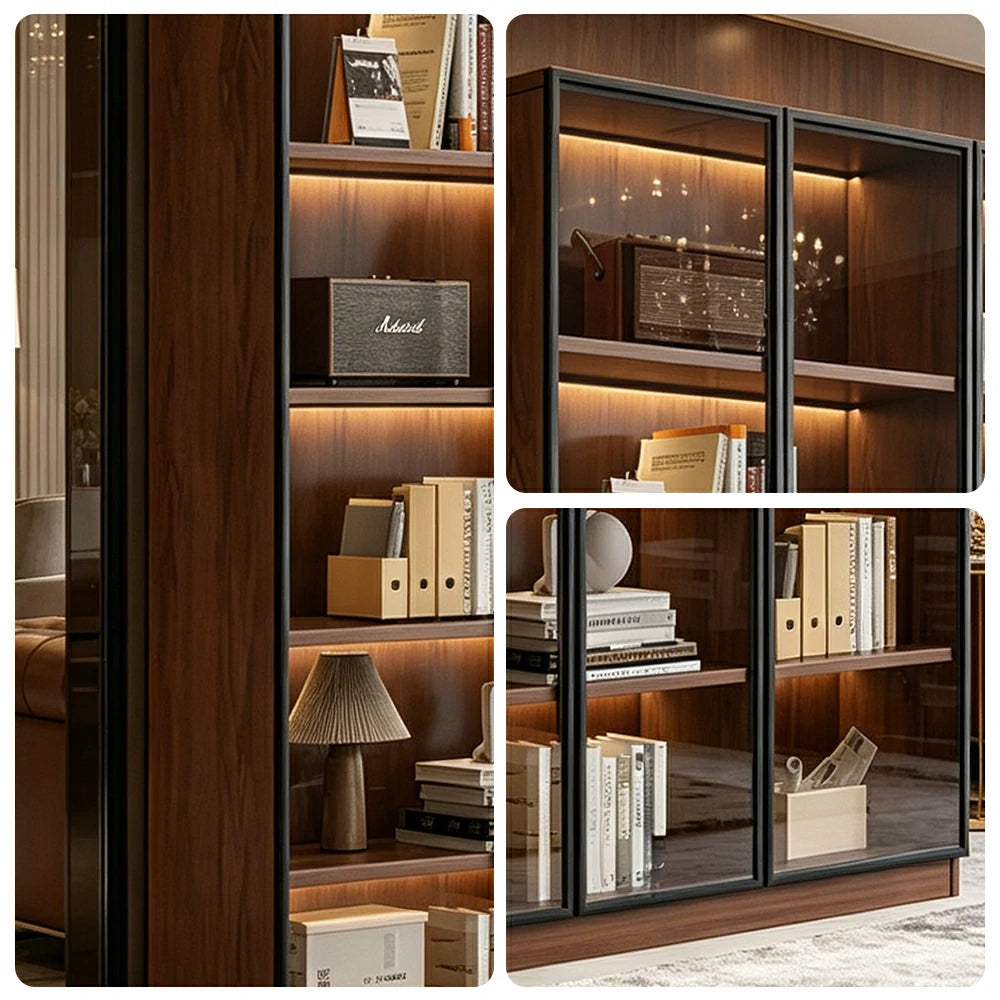 LIVARA 90cm Triple Door Display Cabinet - Tempered Glass Storage with LED Lighting for Living Room - Walnut