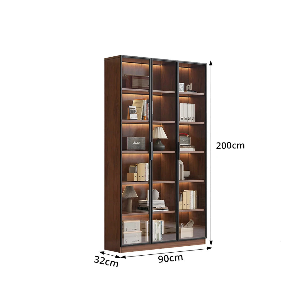 LIVARA 90cm Triple Door Display Cabinet - Tempered Glass Storage with LED Lighting for Living Room - Walnut