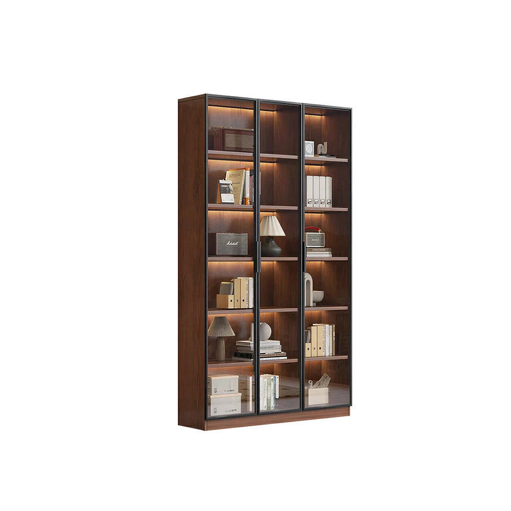 LIVARA 90cm Triple Door Display Cabinet - Tempered Glass Storage with LED Lighting for Living Room - Walnut