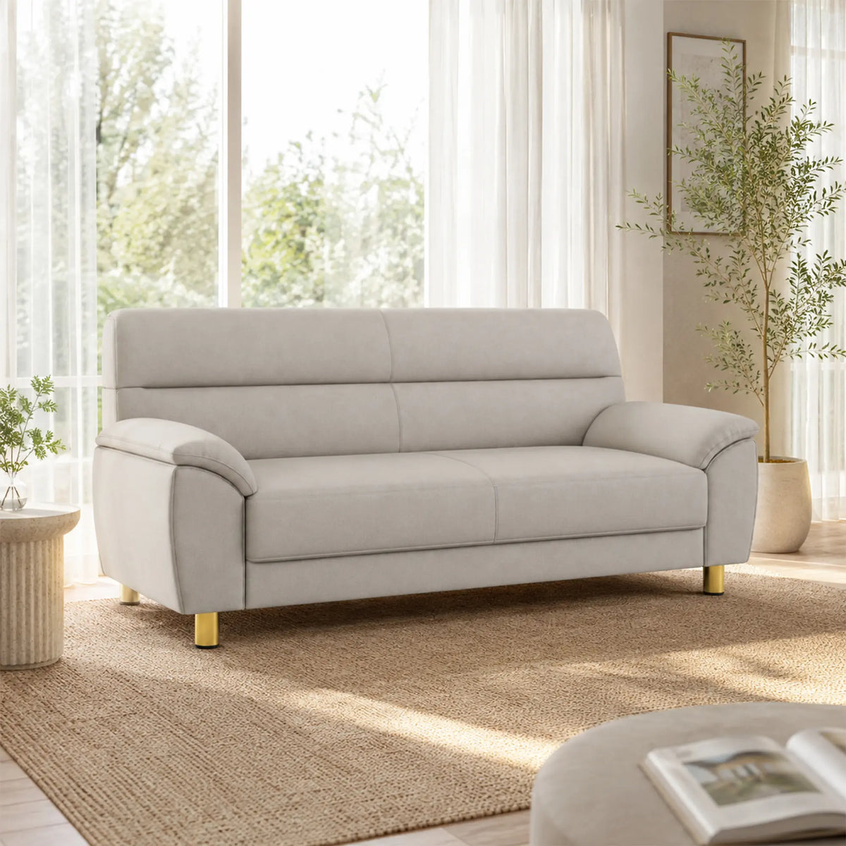 LIVARA Modern 3 Seater Sofa with Nano Technology Fabric, High Resilience Foam Cushions & Solid Wood Frame, 180cm Lounge Couch for Living Room - Light Grey