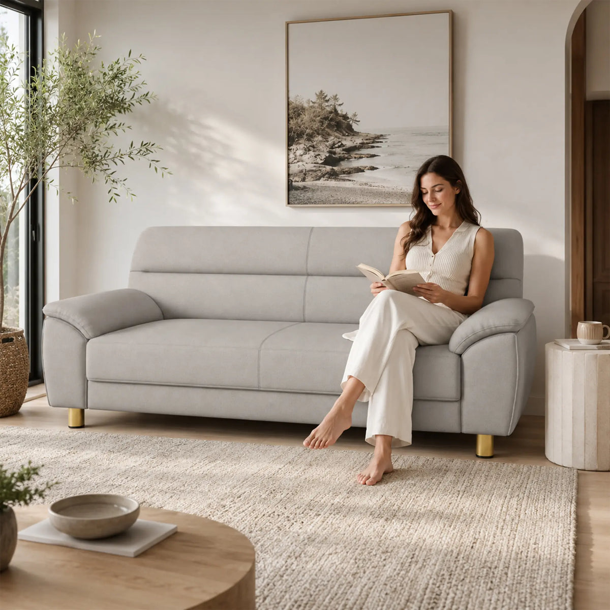 LIVARA Modern 3 Seater Sofa with Nano Technology Fabric, High Resilience Foam Cushions & Solid Wood Frame, 180cm Lounge Couch for Living Room - Light Grey