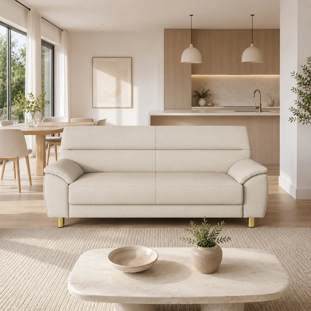 LIVARA Modern 3 Seater Sofa with Nano Technology Fabric, High Resilience Foam Cushions & Solid Wood Frame, 180cm Lounge Couch for Living Room - Beige