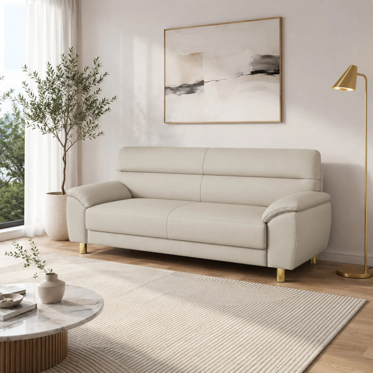 LIVARA Modern 3 Seater Sofa with Nano Technology Fabric, High Resilience Foam Cushions & Solid Wood Frame, 180cm Lounge Couch for Living Room - Beige