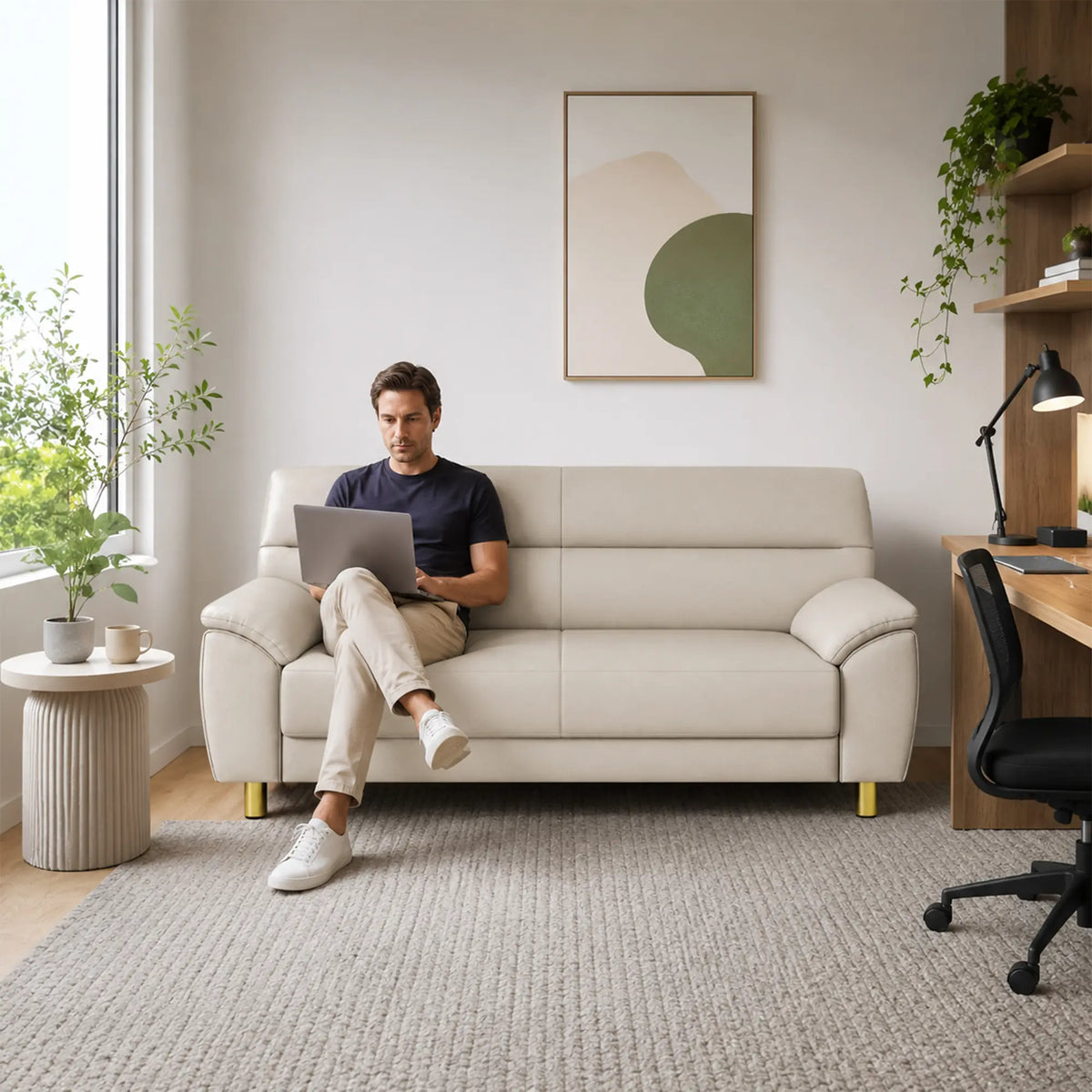 LIVARA Modern 3 Seater Sofa with Nano Technology Fabric, High Resilience Foam Cushions & Solid Wood Frame, 180cm Lounge Couch for Living Room - Beige