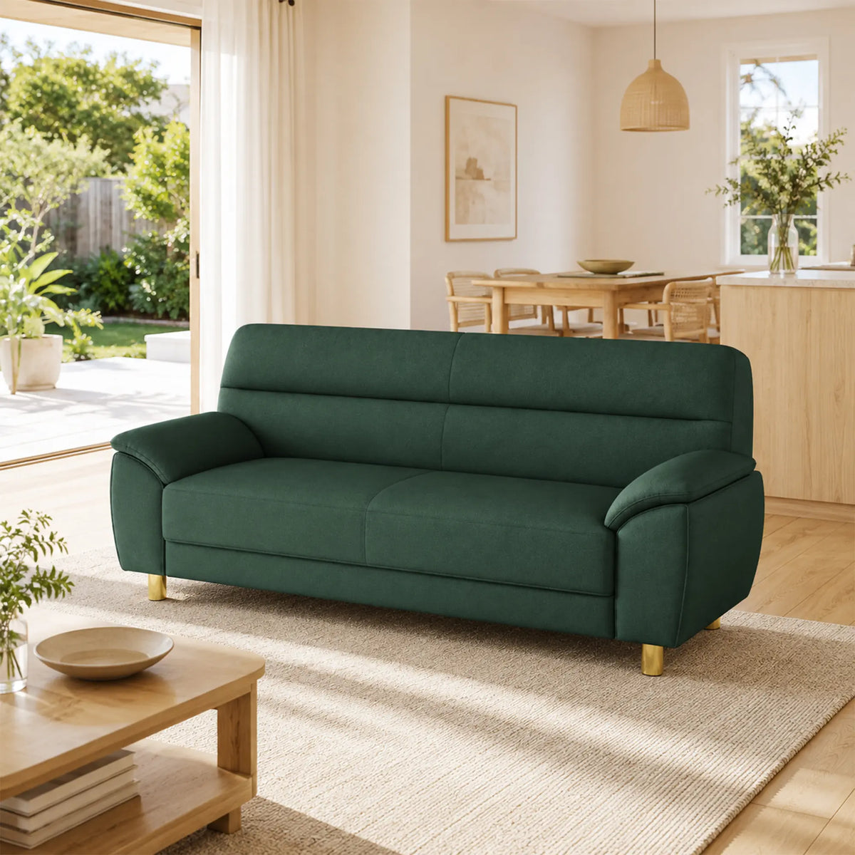 LIVARA Modern 3 Seater Sofa with Nano Technology Fabric, High Resilience Foam Cushions & Solid Wood Frame, 180cm Lounge Couch for Living Room - Dark Green