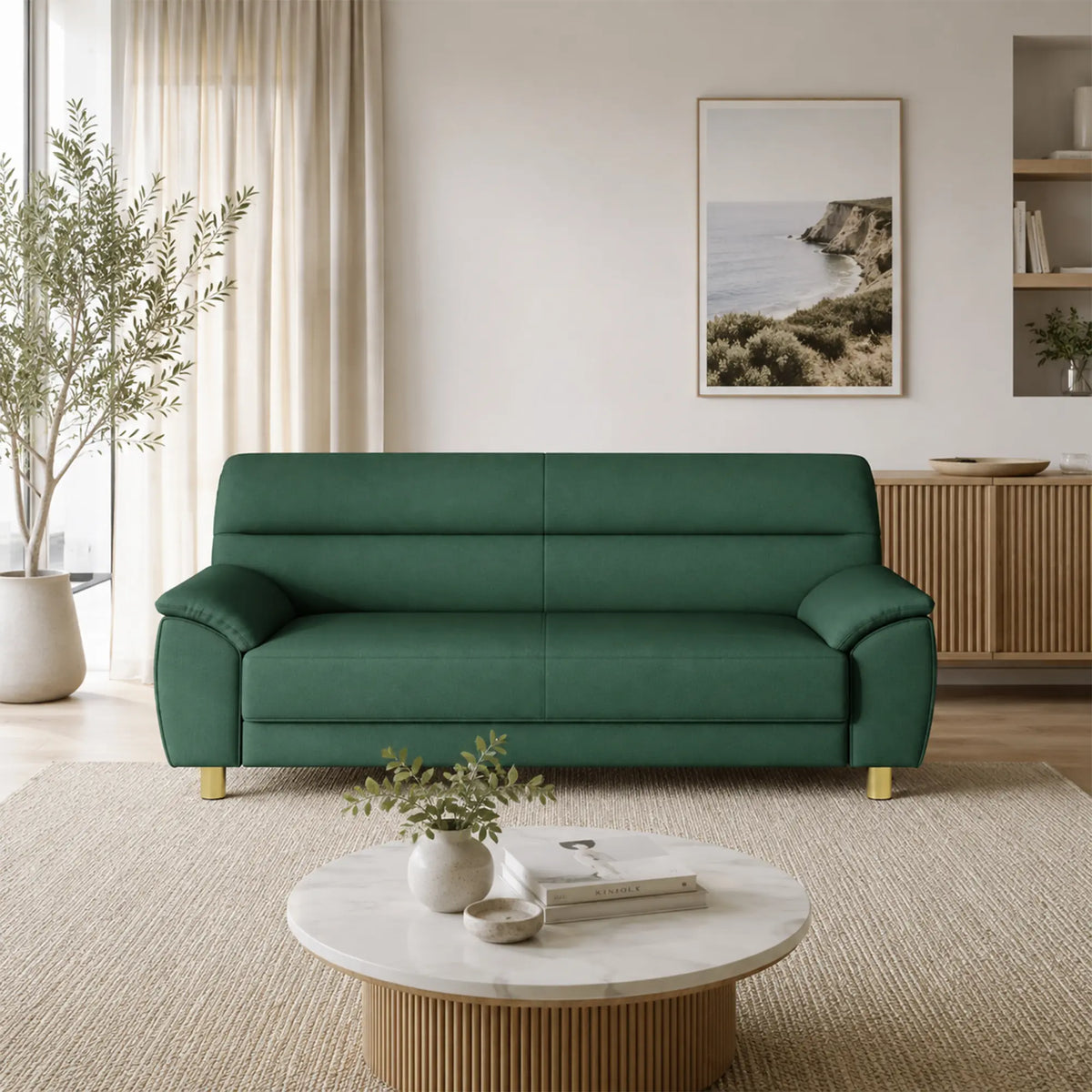 LIVARA Modern 3 Seater Sofa with Nano Technology Fabric, High Resilience Foam Cushions & Solid Wood Frame, 180cm Lounge Couch for Living Room - Dark Green