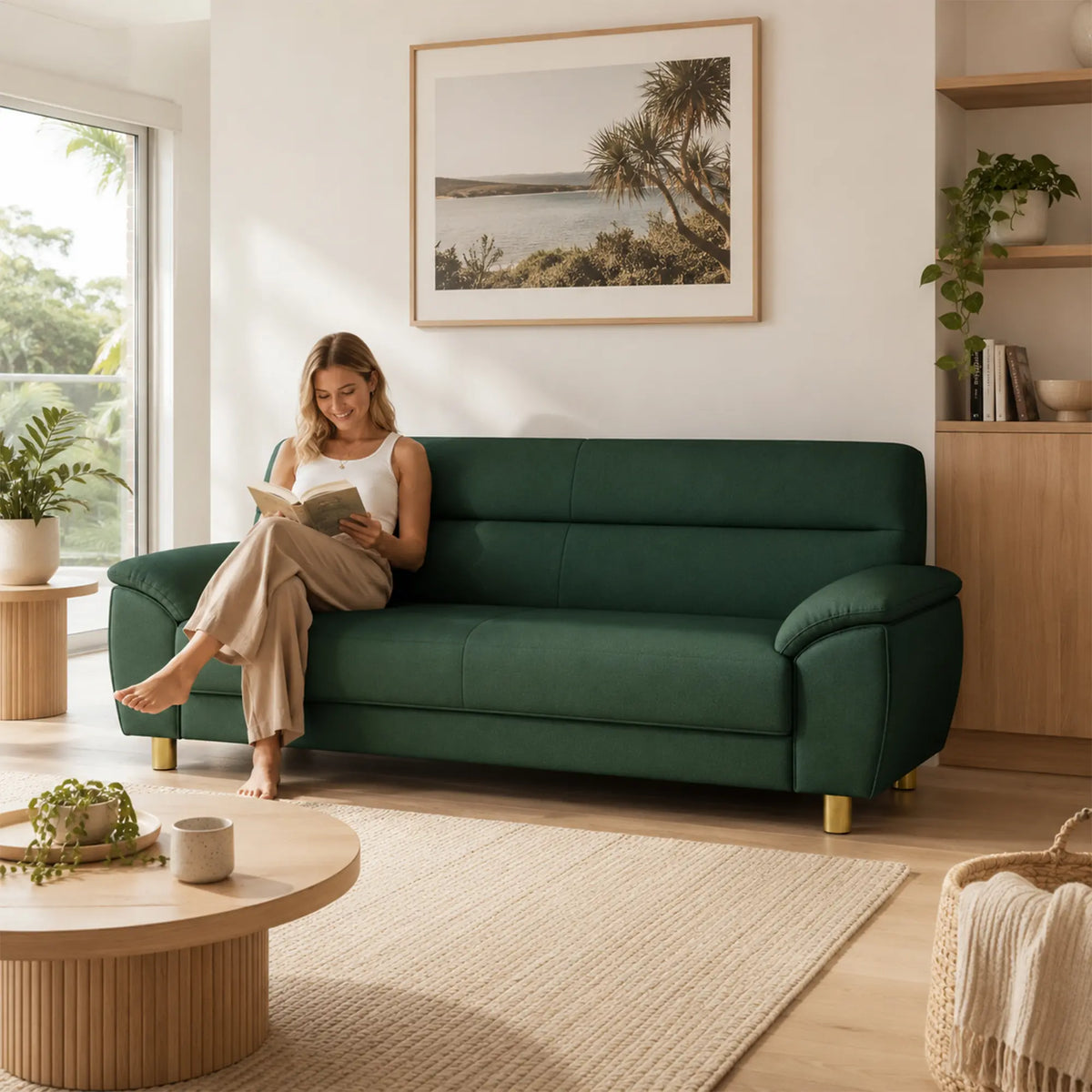 LIVARA Modern 3 Seater Sofa with Nano Technology Fabric, High Resilience Foam Cushions & Solid Wood Frame, 180cm Lounge Couch for Living Room - Dark Green