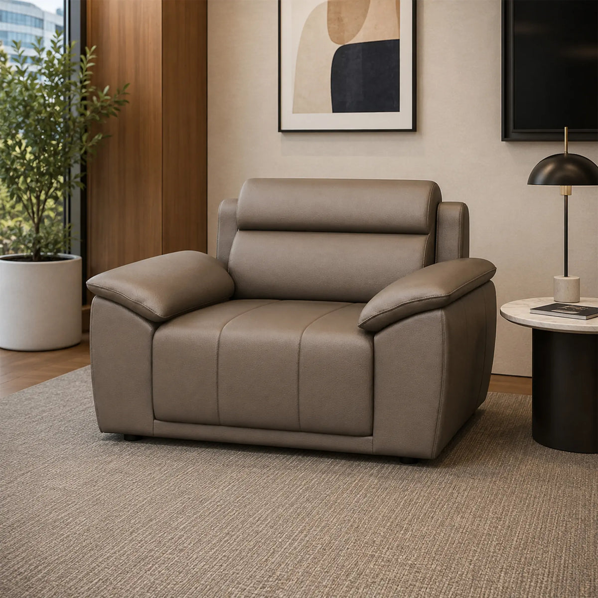 LIVARA Single Seater Sofa with Cat Scratch Resistant Leather, 45D High Resilience Foam & Solid Wood Frame, 102cm Modern Armchair for Living Room - Brown