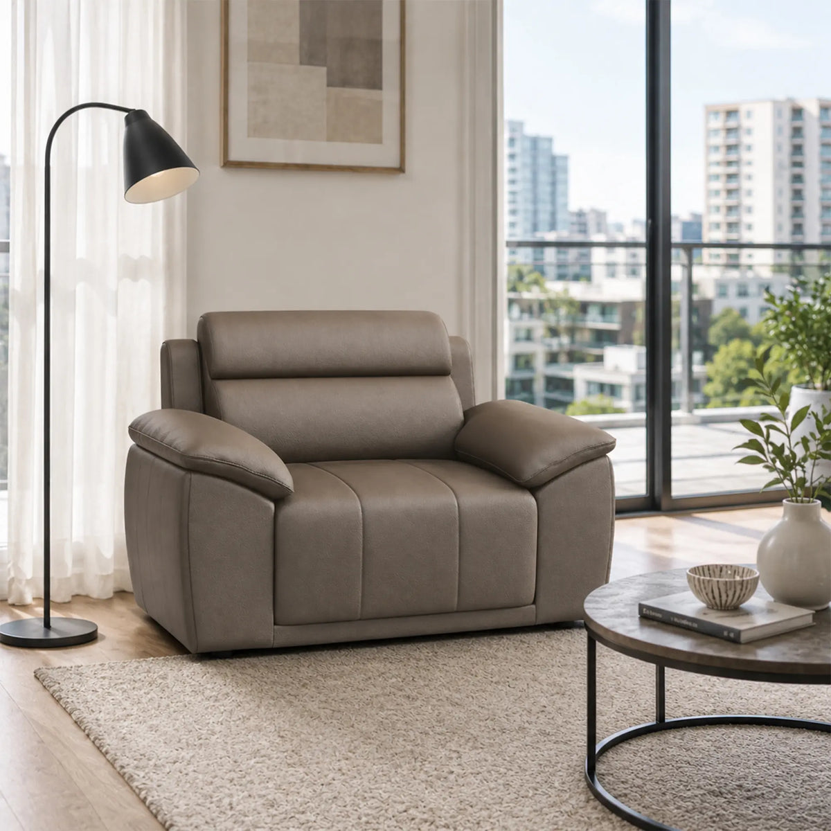 LIVARA Single Seater Sofa with Cat Scratch Resistant Leather, 45D High Resilience Foam & Solid Wood Frame, 102cm Modern Armchair for Living Room - Brown