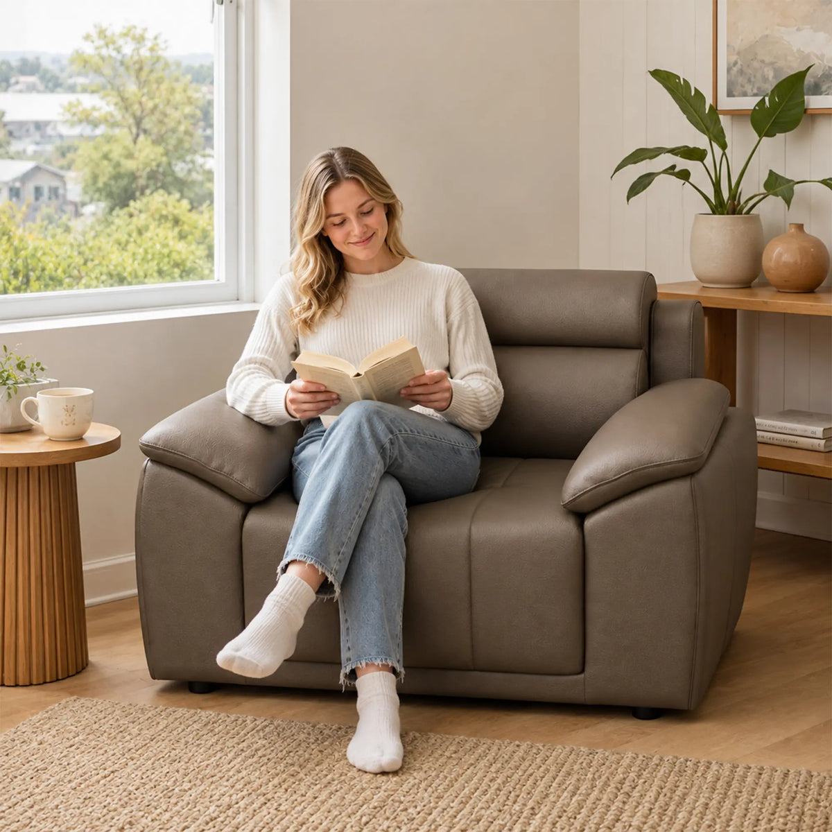 LIVARA Single Seater Sofa with Cat Scratch Resistant Leather, 45D High Resilience Foam & Solid Wood Frame, 102cm Modern Armchair for Living Room - Brown