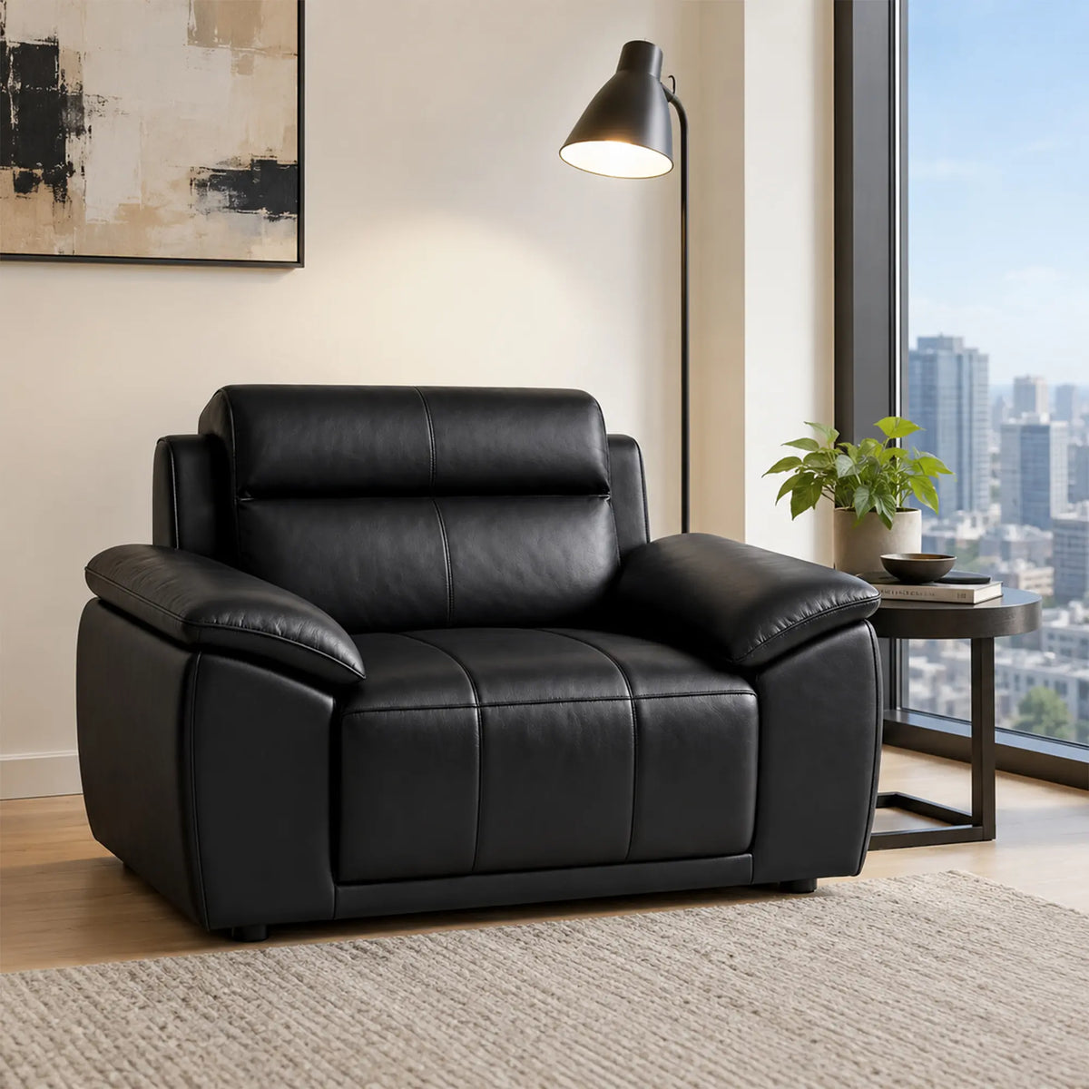 LIVARA Single Seater Sofa with Cat Scratch Resistant Leather, 45D High Resilience Foam & Solid Wood Frame, 102cm Modern Armchair for Living Room - Black