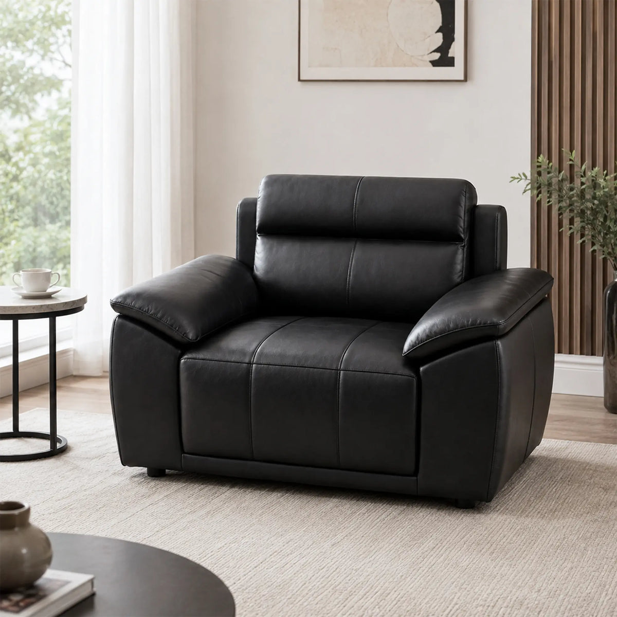 LIVARA Single Seater Sofa with Cat Scratch Resistant Leather, 45D High Resilience Foam & Solid Wood Frame, 102cm Modern Armchair for Living Room - Black