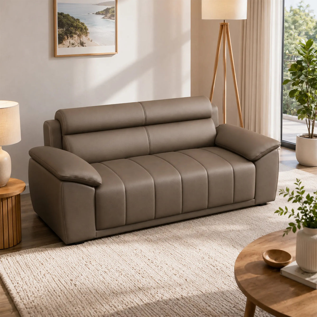 LIVARA 2 Seater Sofa with Cat Scratch Resistant Leather, 45D High Resilience Foam & Solid Wood Frame, 150cm Modern Loveseat for Living Room - Brown