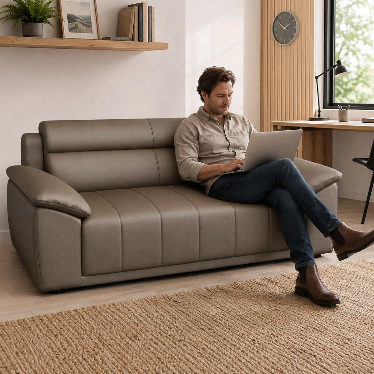 LIVARA 2 Seater Sofa with Cat Scratch Resistant Leather, 45D High Resilience Foam & Solid Wood Frame, 150cm Modern Loveseat for Living Room - Brown