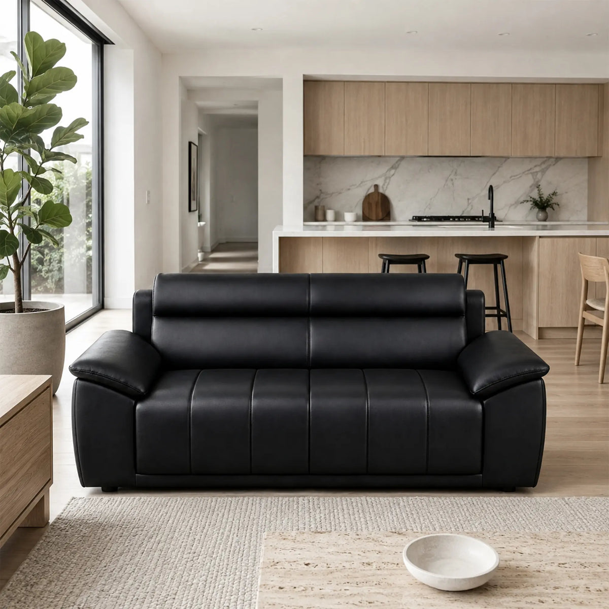 LIVARA 2 Seater Sofa with Cat Scratch Resistant Leather, 45D High Resilience Foam & Solid Wood Frame, 150cm Modern Loveseat for Living Room - Black