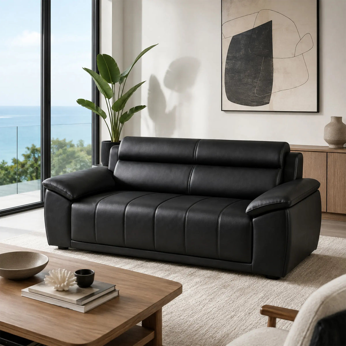 LIVARA 2 Seater Sofa with Cat Scratch Resistant Leather, 45D High Resilience Foam & Solid Wood Frame, 150cm Modern Loveseat for Living Room - Black