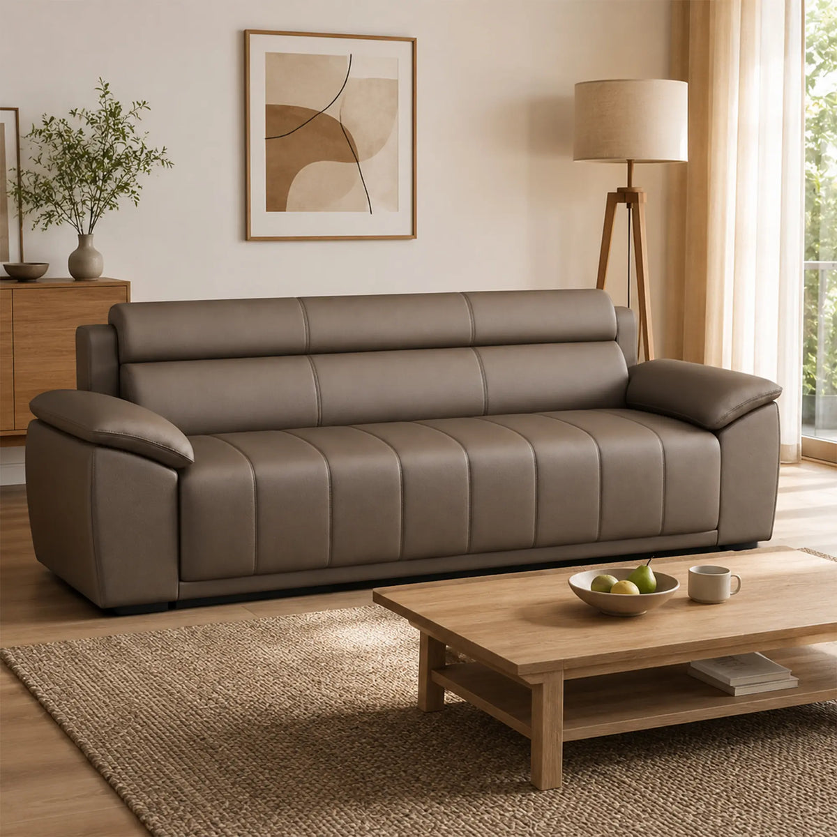 LIVARA 3 Seater Sofa with Cat Scratch Resistant Leather, 45D High Resilience Foam & Solid Wood Frame, 202cm Modern Couch for Living Room - Brown