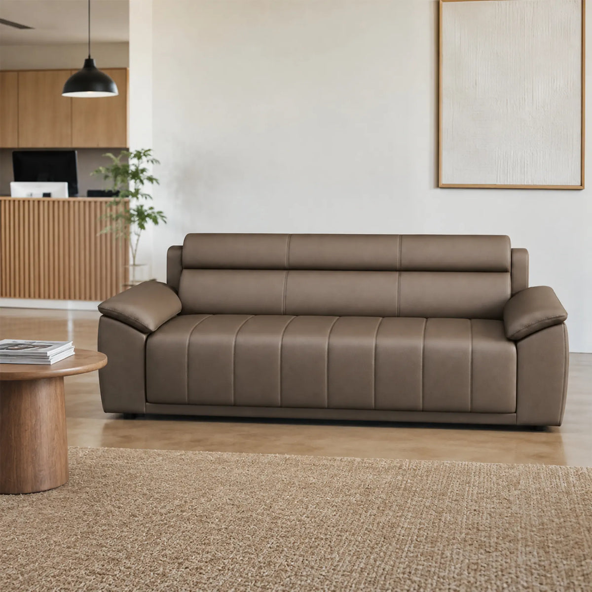 LIVARA 3 Seater Sofa with Cat Scratch Resistant Leather, 45D High Resilience Foam & Solid Wood Frame, 202cm Modern Couch for Living Room - Brown