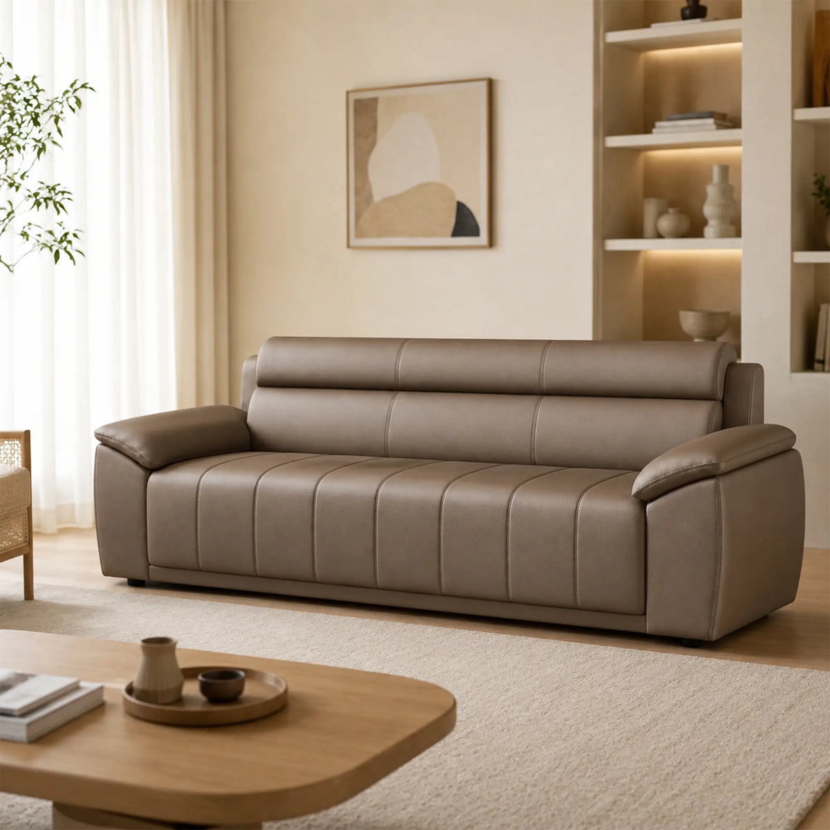 LIVARA 3 Seater Sofa with Cat Scratch Resistant Leather, 45D High Resilience Foam & Solid Wood Frame, 202cm Modern Couch for Living Room - Brown