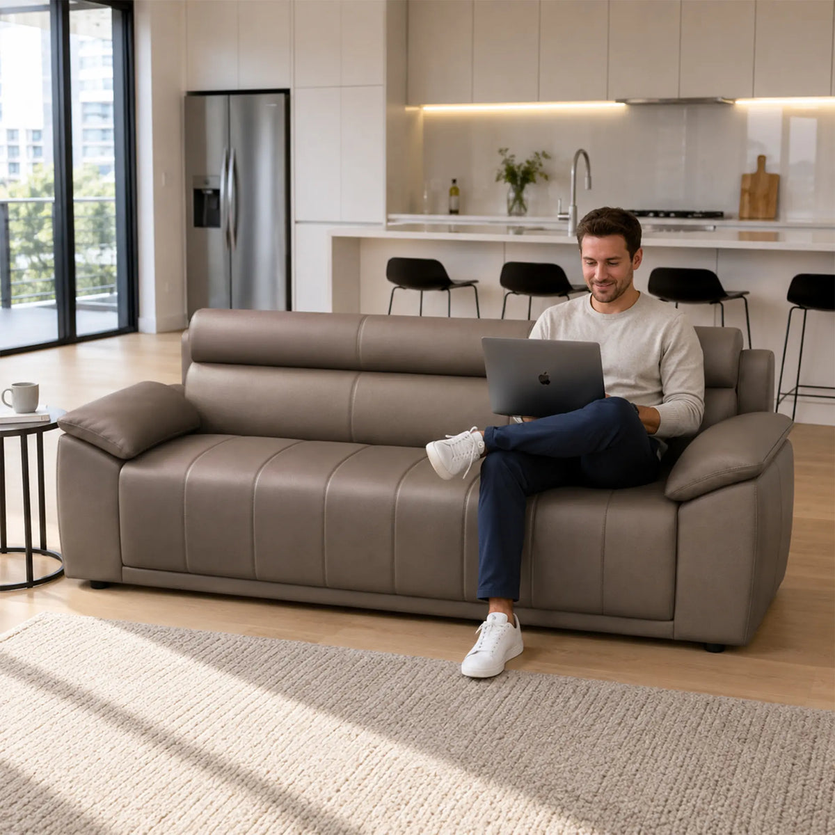 LIVARA 3 Seater Sofa with Cat Scratch Resistant Leather, 45D High Resilience Foam & Solid Wood Frame, 202cm Modern Couch for Living Room - Brown
