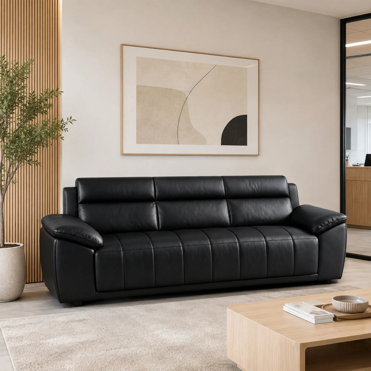 LIVARA 3 Seater Sofa with Cat Scratch Resistant Leather, 45D High Resilience Foam & Solid Wood Frame, 202cm Modern Couch for Living Room - Black