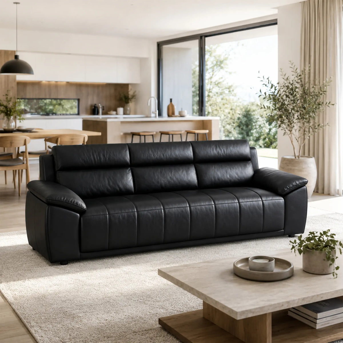LIVARA 3 Seater Sofa with Cat Scratch Resistant Leather, 45D High Resilience Foam & Solid Wood Frame, 202cm Modern Couch for Living Room - Black