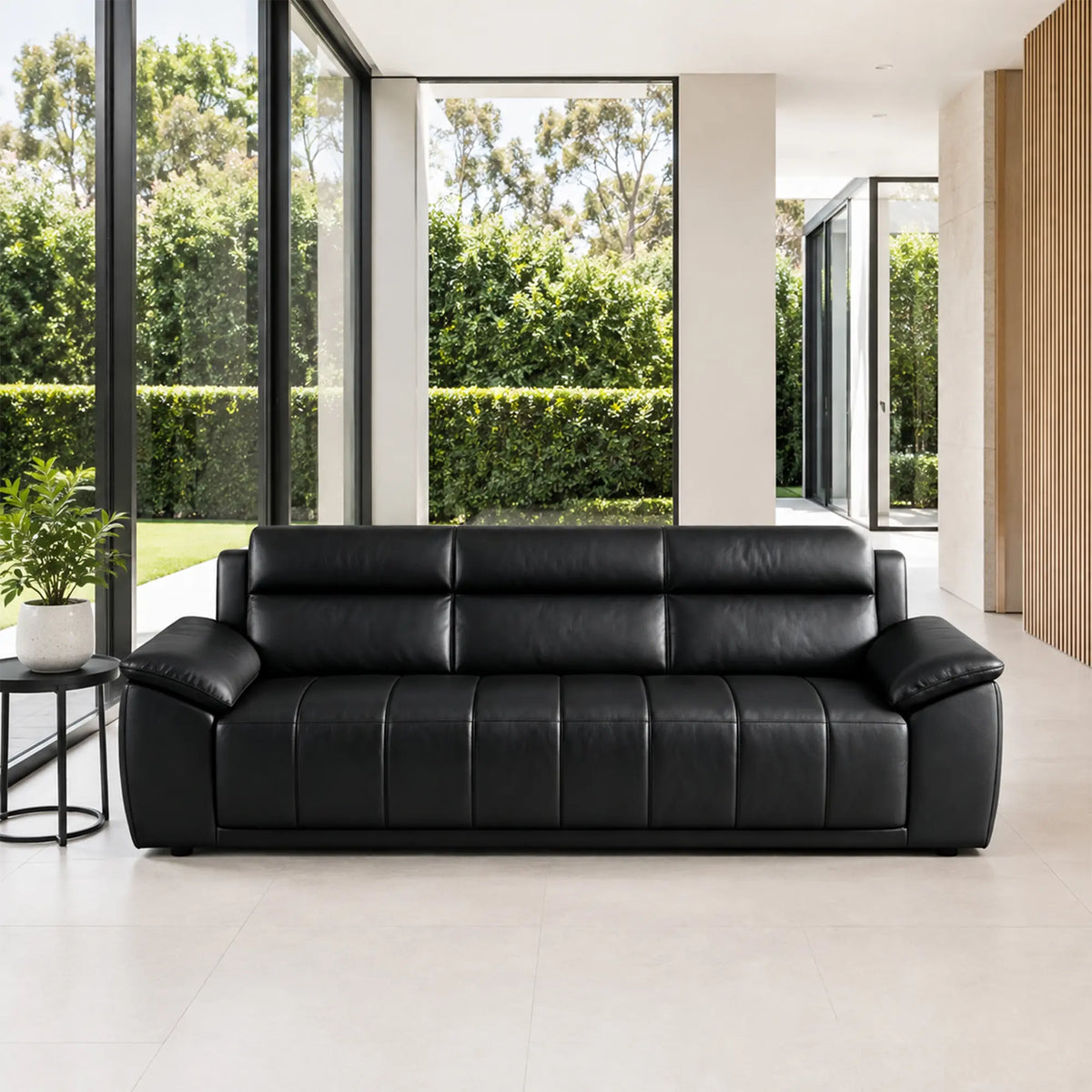 LIVARA 3 Seater Sofa with Cat Scratch Resistant Leather, 45D High Resilience Foam & Solid Wood Frame, 202cm Modern Couch for Living Room - Black