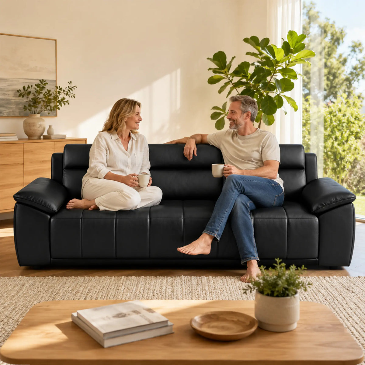 LIVARA 3 Seater Sofa with Cat Scratch Resistant Leather, 45D High Resilience Foam & Solid Wood Frame, 202cm Modern Couch for Living Room - Black