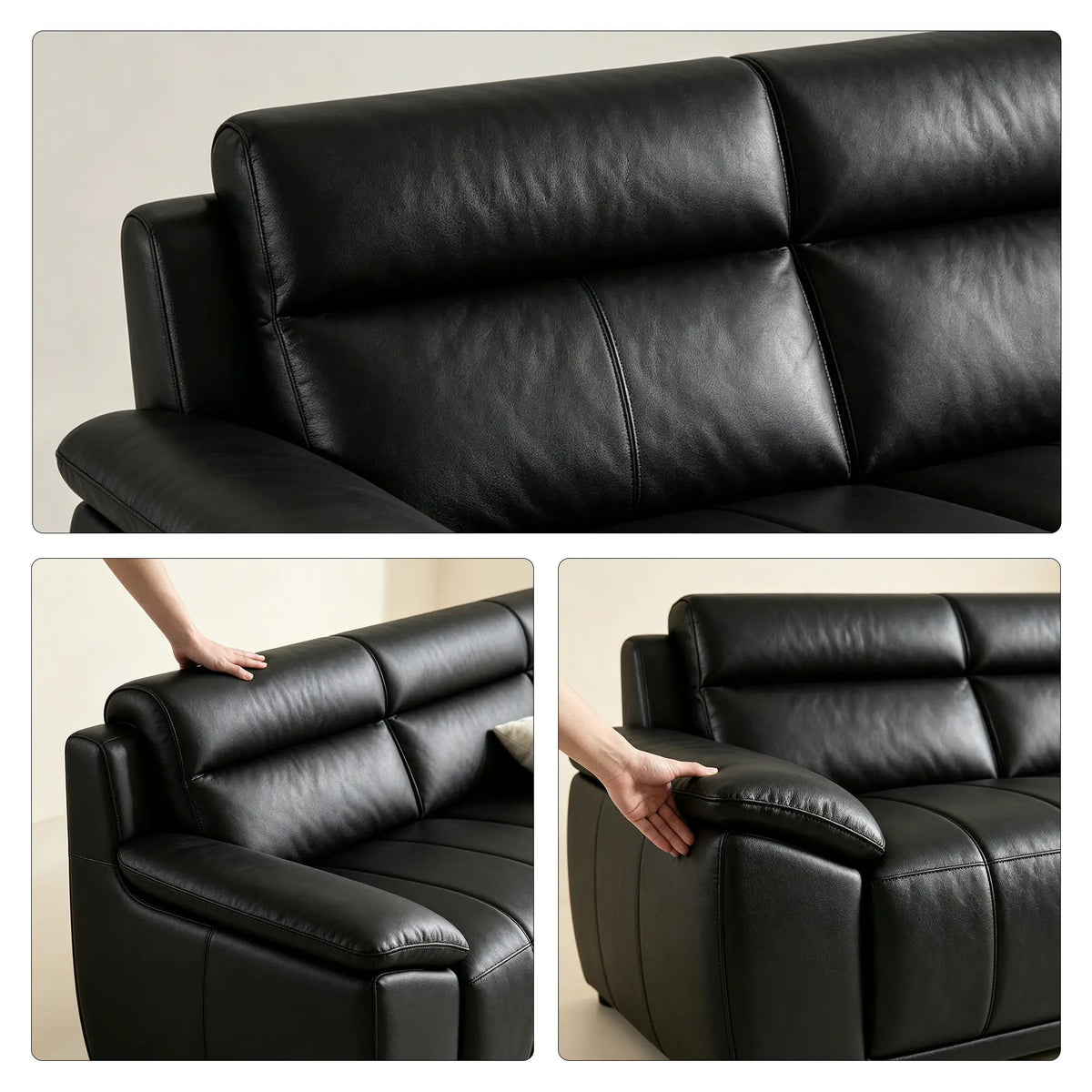 LIVARA 3 Seater Sofa with Cat Scratch Resistant Leather, 45D High Resilience Foam & Solid Wood Frame, 202cm Modern Couch for Living Room - Black