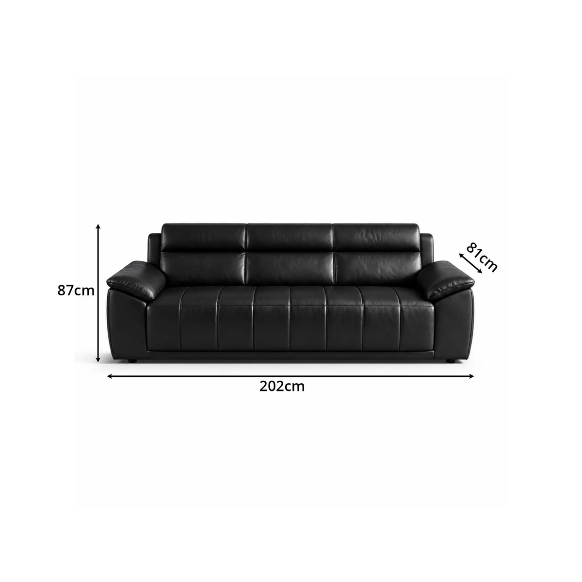 LIVARA 3 Seater Sofa with Cat Scratch Resistant Leather, 45D High Resilience Foam & Solid Wood Frame, 202cm Modern Couch for Living Room - Black