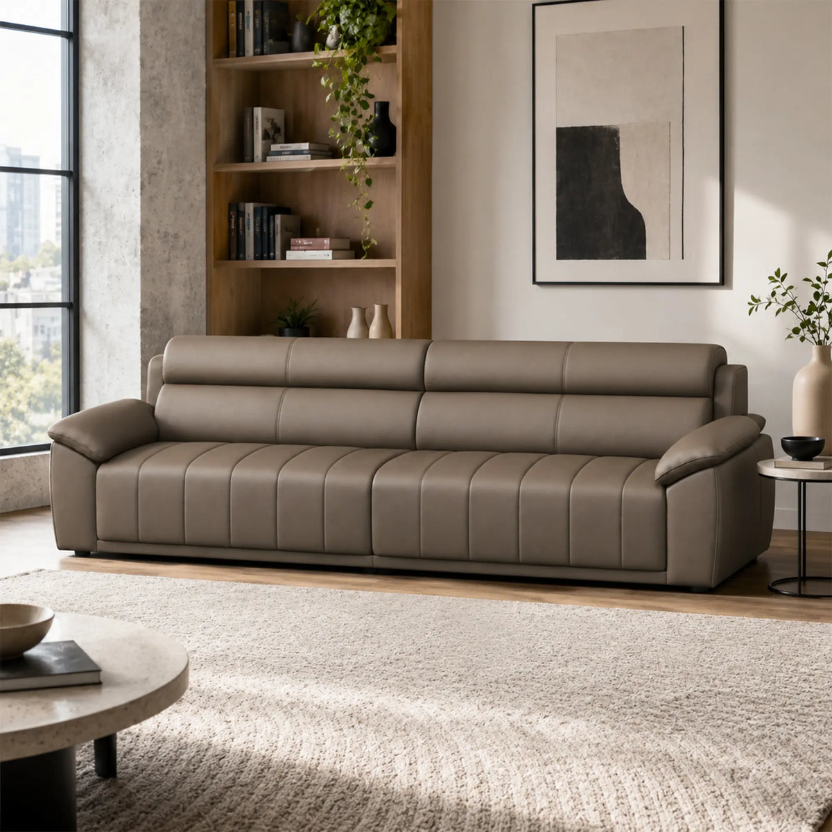LIVARA 4 Seater Sofa with Cat Scratch Resistant Leather, 45D High Resilience Foam & Solid Wood Frame, 260cm Modern Couch for Living Room - Brown
