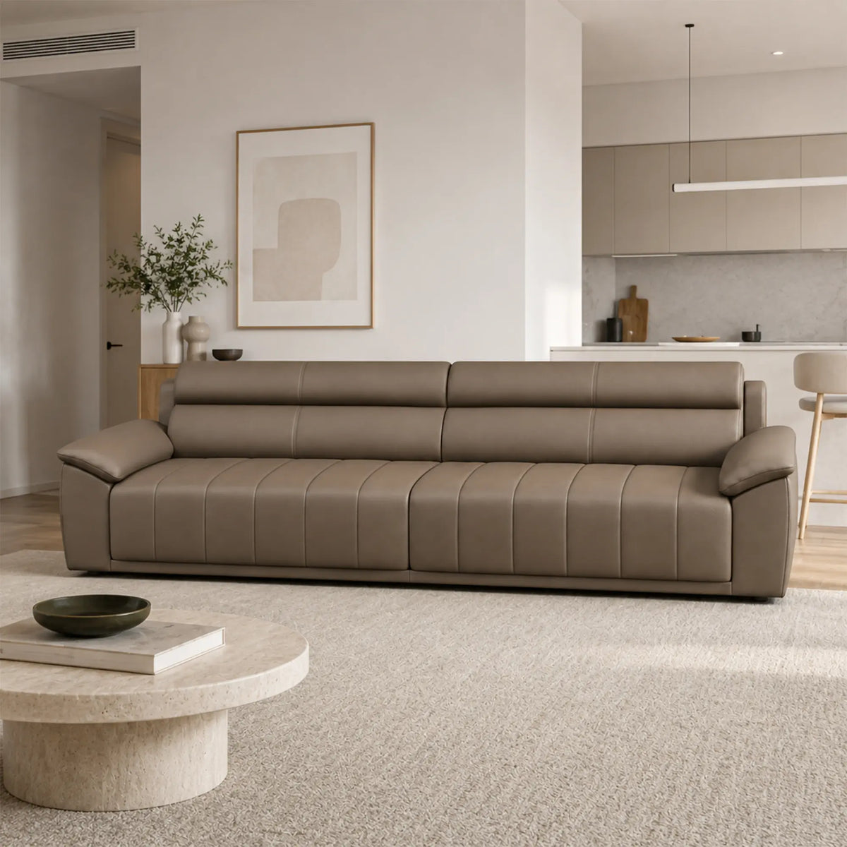 LIVARA 4 Seater Sofa with Cat Scratch Resistant Leather, 45D High Resilience Foam & Solid Wood Frame, 260cm Modern Couch for Living Room - Brown
