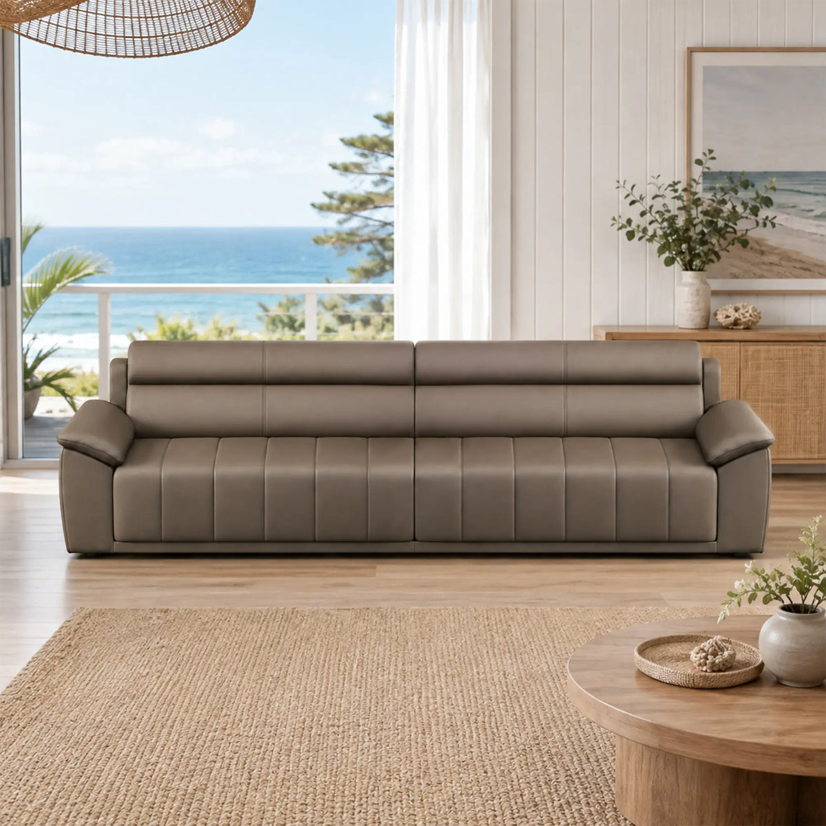 LIVARA 4 Seater Sofa with Cat Scratch Resistant Leather, 45D High Resilience Foam & Solid Wood Frame, 260cm Modern Couch for Living Room - Brown