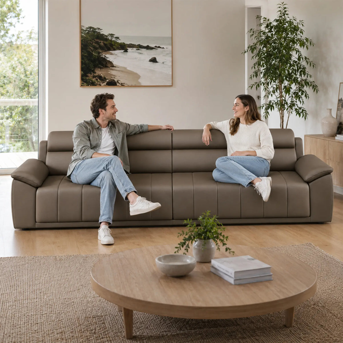 LIVARA 4 Seater Sofa with Cat Scratch Resistant Leather, 45D High Resilience Foam & Solid Wood Frame, 260cm Modern Couch for Living Room - Brown