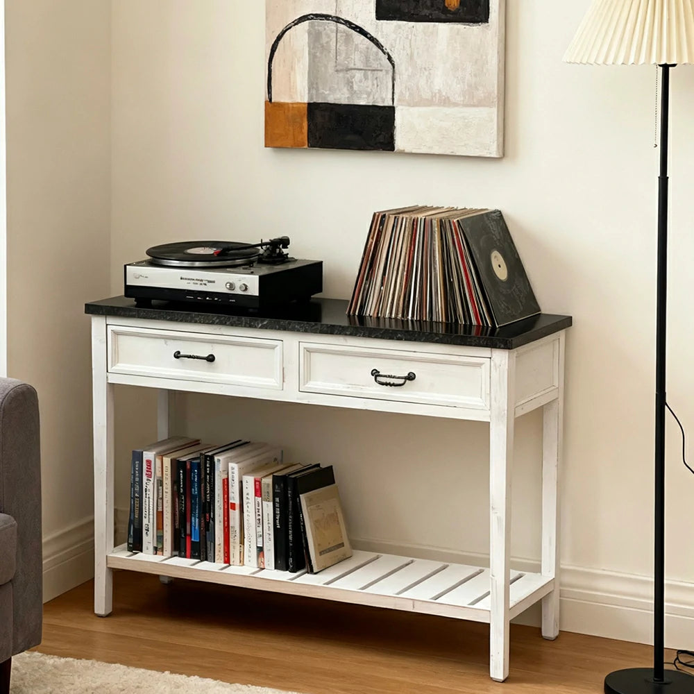 LIVARA Vintage Console Table Desk with Drawers Solid Wood Rustic Entryway Table with Lower Shelf