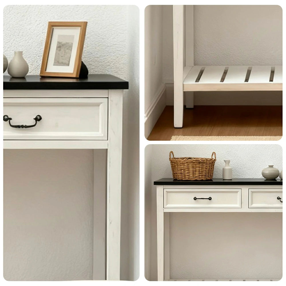 LIVARA Vintage Console Table Desk with Drawers Solid Wood Rustic Entryway Table with Lower Shelf