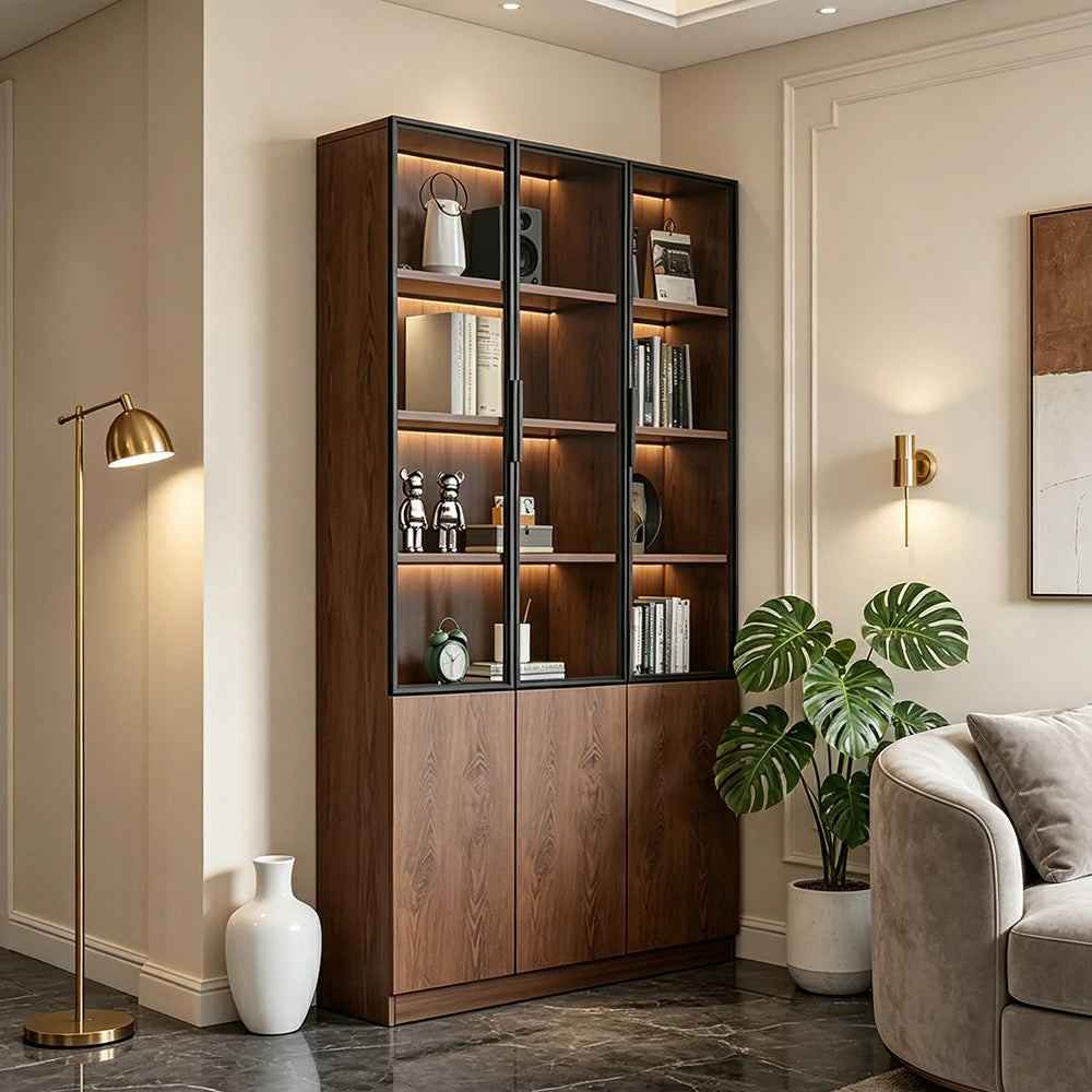 LIVARA 90cm Triple Door Cabinet - Tempered Glass Display with Lower Storage Compartments for Living Room - Walnut