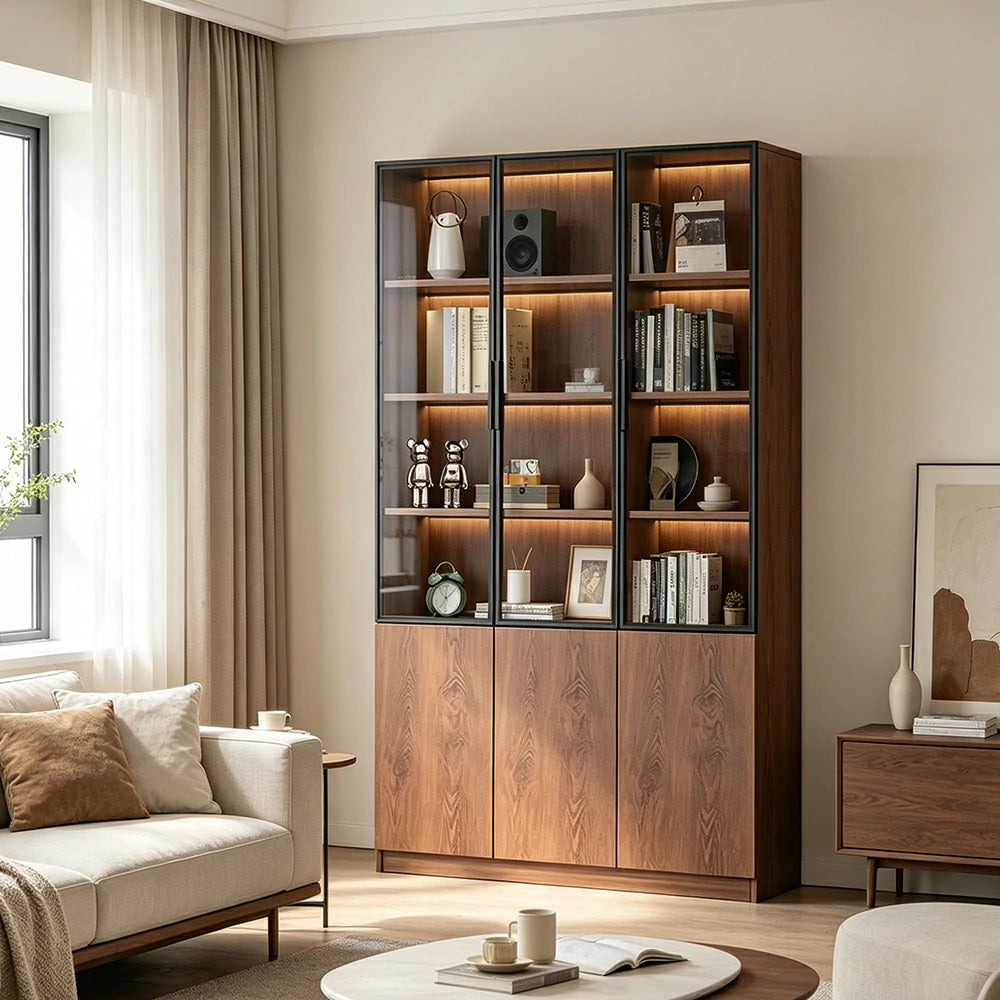LIVARA 90cm Triple Door Cabinet - Tempered Glass Display with Lower Storage Compartments for Living Room - Walnut