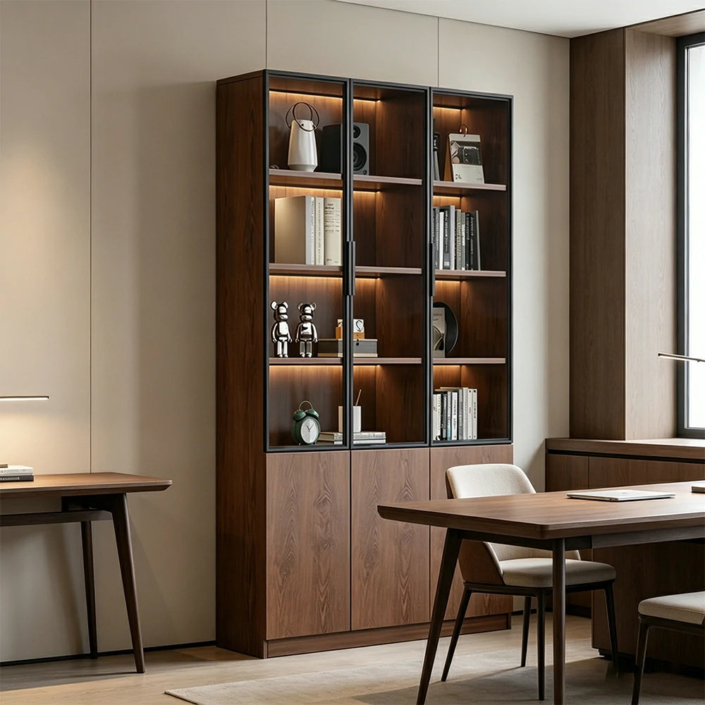 LIVARA 90cm Triple Door Cabinet - Tempered Glass Display with Lower Storage Compartments for Living Room - Walnut