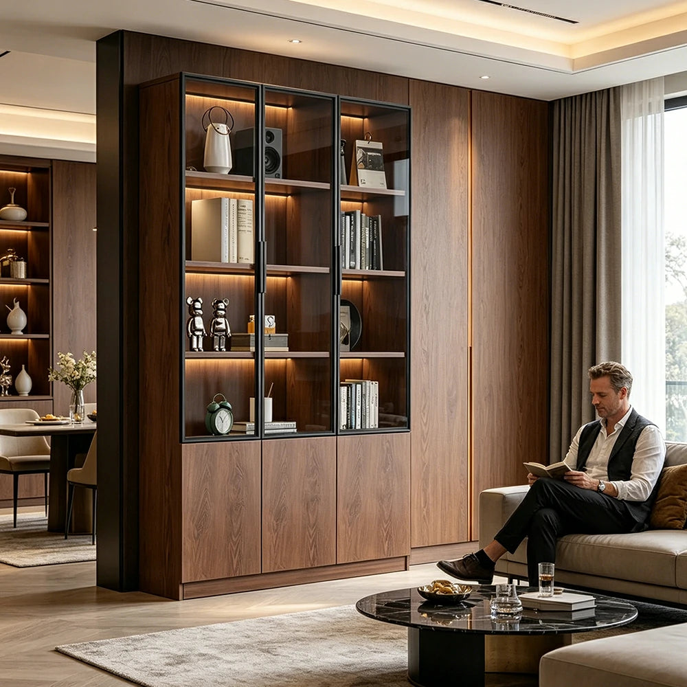 LIVARA 90cm Triple Door Cabinet - Tempered Glass Display with Lower Storage Compartments for Living Room - Walnut