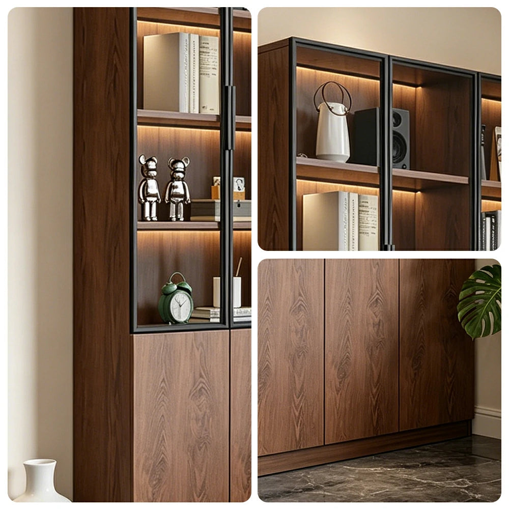 LIVARA 90cm Triple Door Cabinet - Tempered Glass Display with Lower Storage Compartments for Living Room - Walnut