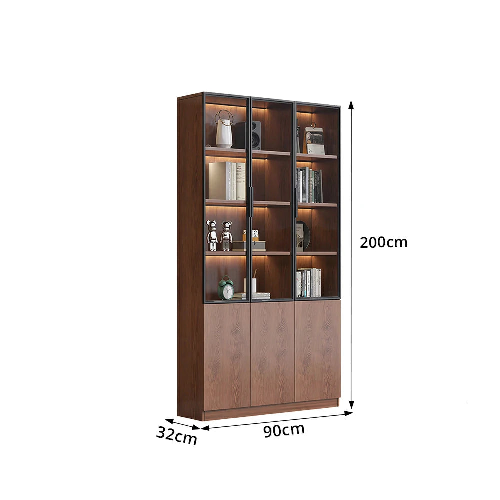 LIVARA 90cm Triple Door Cabinet - Tempered Glass Display with Lower Storage Compartments for Living Room - Walnut