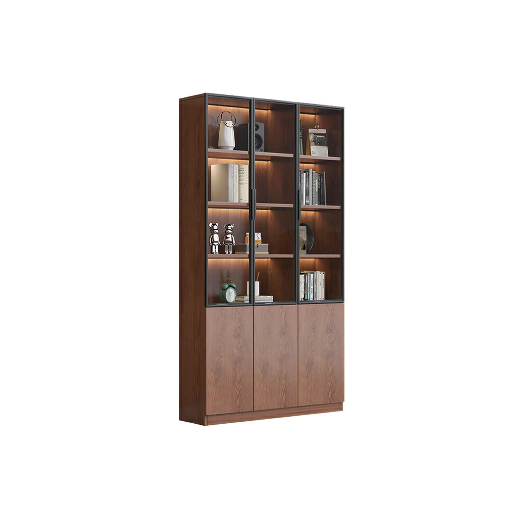 LIVARA 90cm Triple Door Cabinet - Tempered Glass Display with Lower Storage Compartments for Living Room - Walnut